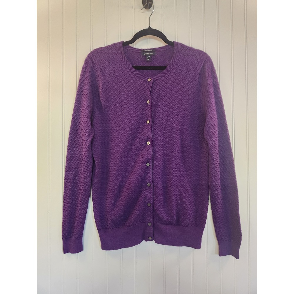Lands End Womens Purple  100% Supima Cotton Diamond Textured Knit‎ Cardigan L/T